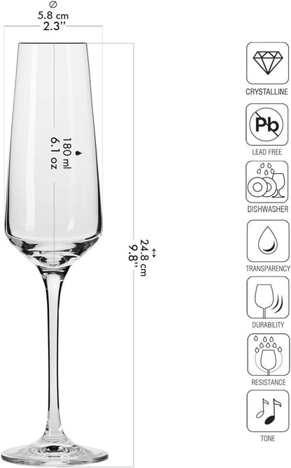 KROSNO Crystal Champagne Flute Glass | Set of 6 | 6.1 oz | Avant-Garde Collection | Perfect for Home, Restaurants and Parties | Dishwasher Safe