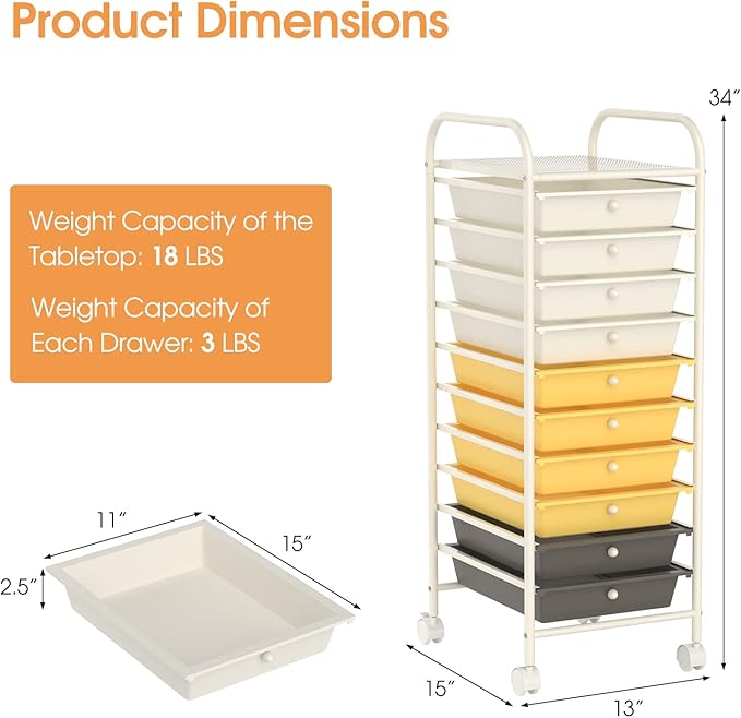 RELAX4LIFE 10 Drawer Rolling Cart, Slim Storage Cart w/Lockable Wheels for Classroom School Teacher Office, Art Supplies Paper Scrapbook Craft Organizers, Utility Cart with Drawers (Yellow)