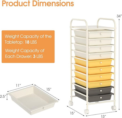 RELAX4LIFE 10 Drawer Rolling Cart, Slim Storage Cart w/Lockable Wheels for Classroom School Teacher Office, Art Supplies Paper Scrapbook Craft Organizers, Utility Cart with Drawers (Yellow)