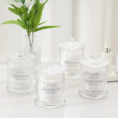 Volisnova 2 Pack Farmhouse Apothecary Jars with Lids - Glass Qtip Dispensers and Cotton Ball Holders for Bathroom Vanity Storage and Organization with 8 Pcs Wterproof Labels (Clear Glass)