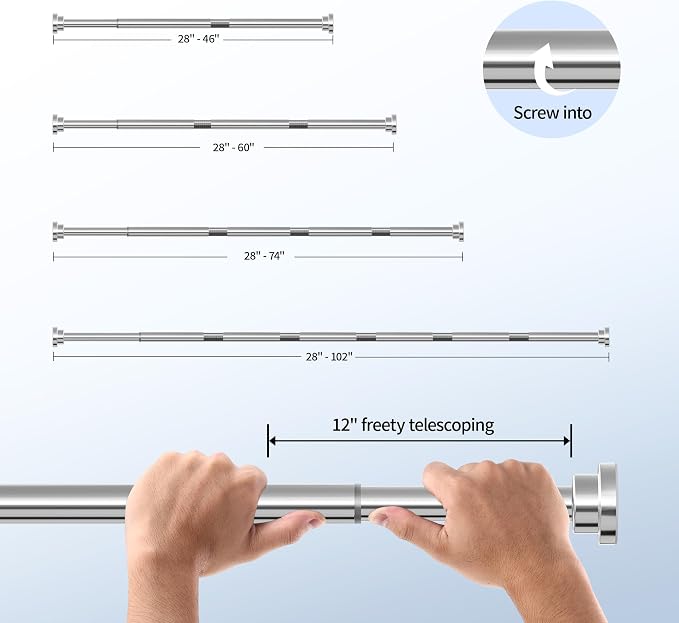 Mcrbeay Shower Curtain Rod, 1" Diameter Heavy Duty Tension Shower Rod, Non Slip Adjustable 28-102 inch No Drilling Shower Curtain Rods Spring Tension For Bathroom, Shower Stall, No Rust, Silver