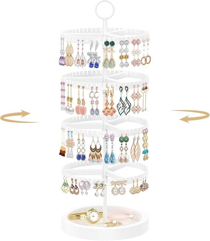 MODOWEY 4 Tier Rotating Earring Holder Organizer Display Tree with Wooden Tray, Adjustable Plastic Stand with 228 Slots for Stud Hoop Hanger, Large Capacity Storage Rack for Women Space Saving, White