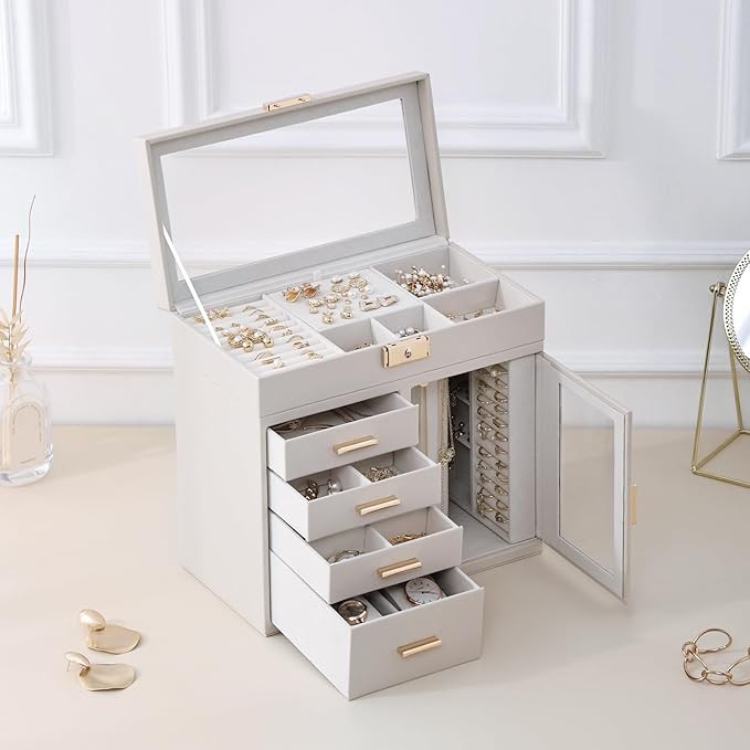 CASEGRACE Large 5-Layer Jewelry Organizer Box with 360° Rotating Necklace Holder, 4 Drawers -Jewelry Case for Necklaces, Rings, Earrings, Bracelets, Watches | Elegant Storage & Gift for Women
