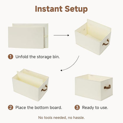 StorageWorks Storage Baskets for Shelves, Foldable Fabric Closet Storage Bins with PU Handles, Fabric Storage Bins Clothes Organizer, Ivory White, 3-Pack, Large