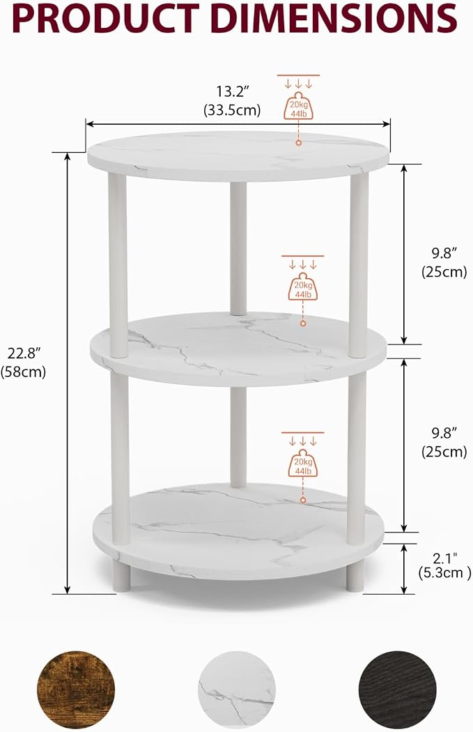 XBurmo Small Round End Table - 3 Tier Design Accent Table, Narrow Side or Bedside Stand, Industrial Vintage Nightstand for Bedroom, Living Room, or Small Spaces, Set of 2, Marble White