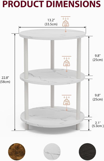 XBurmo Small Round End Table - 3 Tier Design Accent Table, Narrow Side or Bedside Stand, Industrial Vintage Nightstand for Bedroom, Living Room, or Small Spaces, Set of 2, Marble White