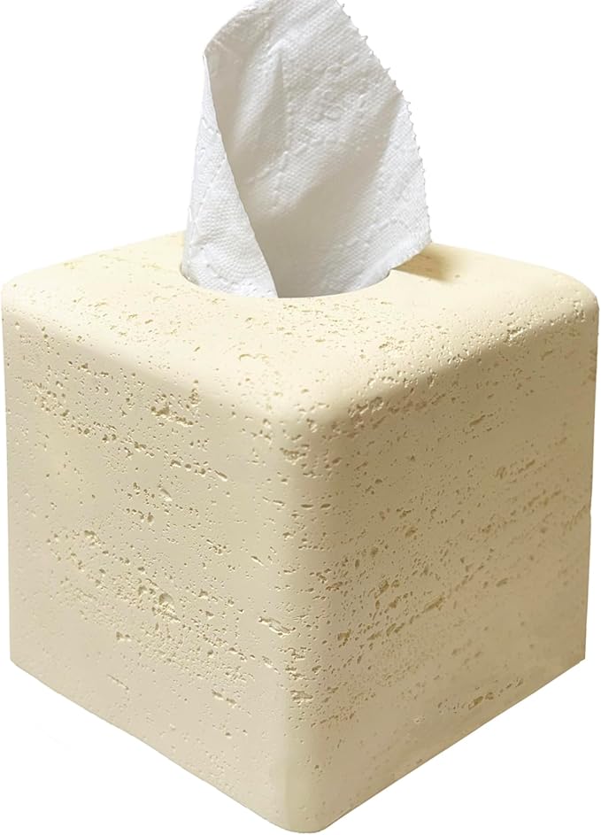Marble Tissue Box Cover Square Decorative Stone Klenex Box Holder for Bathroom & Living Room with Handcrafted Texture (Beige Yellow)