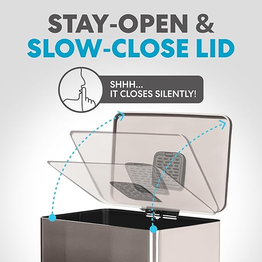 Simpli-Magic 13.2 Gallon (50L) Step Trash Can – Kitchen Garbage Can with Slow-Close Lid – Odor Control, Hands-Free, Easy to Clean, Brushed Stainless Steel (Rose Gold)