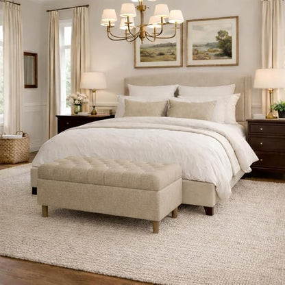 Homepop Home Decor | Tufted Ainsley Button Storage Ottoman Bench with Hinged Lid | Ottoman Bench with Storage for Living Room & Bedroom, Light Tan Textured Solid