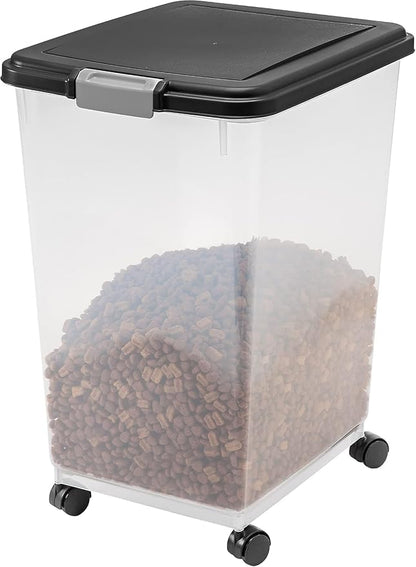 IRIS USA Airtight Dog Food Storage Container, Up to 54 lbs, Attachable Wheels, For Dog Cat Bird and Other Pet Food Storage Bin, Keep Fresh, Translucent Body, Easy Mobility, Black