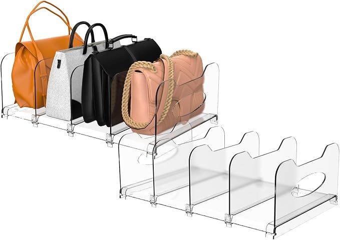 2-Pack Purse Organizers for Closet, Adjustable Small Shelf Divider Rack for Closet, Clear Handbag Storage Organizer, Plastic Bookshelf Separator Divider for Bedroom Living Room Office