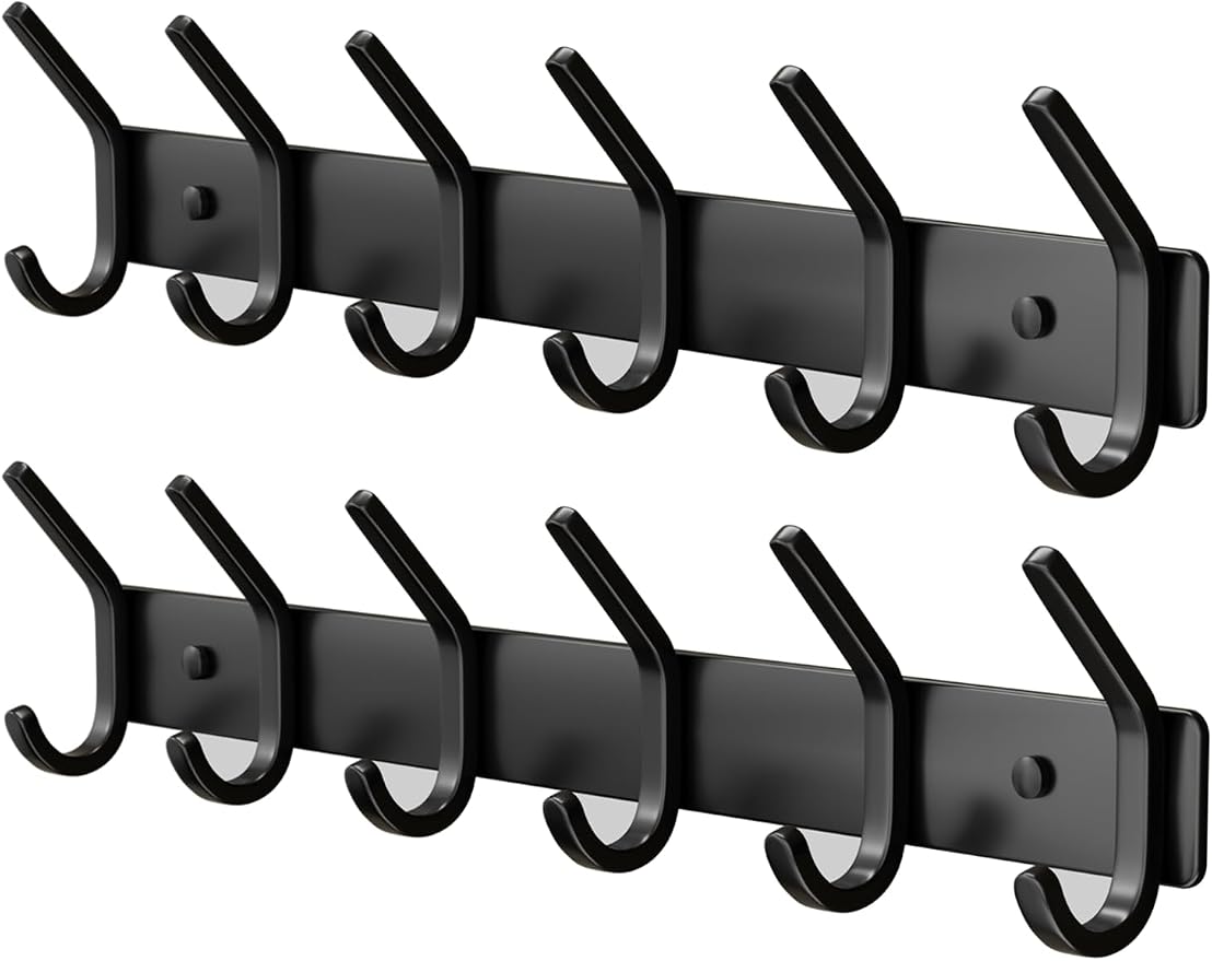 GWAAZXGZ Coat Rack Wall Mount Hooks - 15 Inch Matte Black Metal 6-Hook Organizer Wall Mounted, Modern Kids Room, Entryway & Bathroom Hanger for Beach Towels, Coats, Purses, Bags (2 Pack)