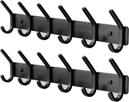 GWAAZXGZ Coat Rack Wall Mount Hooks - 15 Inch Matte Black Metal 6-Hook Organizer Wall Mounted, Modern Kids Room, Entryway & Bathroom Hanger for Beach Towels, Coats, Purses, Bags (2 Pack)