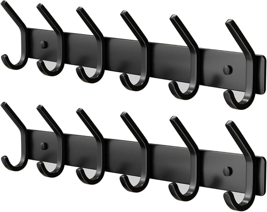 GWAAZXGZ Coat Rack Wall Mount Hooks - 15 Inch Matte Black Metal 6-Hook Organizer Wall Mounted, Modern Kids Room, Entryway & Bathroom Hanger for Beach Towels, Coats, Purses, Bags (2 Pack)