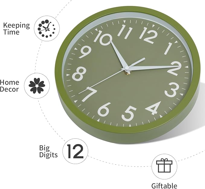DAXSMY Wall Clock Small Analog 8 Inch Silent Non Ticking Battery Operated Modern Simple Decorative for Kitchen Office Bedroom Bathroom Living Room(Olive Green)