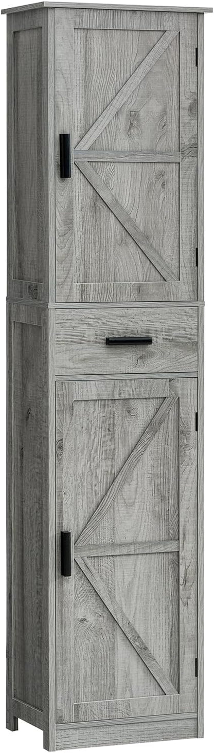 TEENFON Tall Bathroom Cabinet, Storage Cabinet with 6 Shelves & Drawer, Bathroom Storage Cabinet with Adjustable Shelves, Tall Cabinet for Living Room, Home Office, Grey