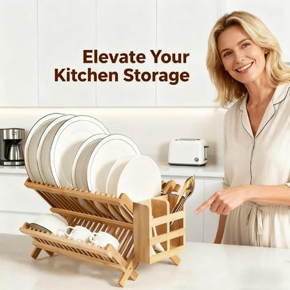QUEENKAY Dish Drying Rack Collapsible 2-Tier Bamboo Dish Rack for Kitchen Counter Wooden Dish Drainer with Foldable Space-Saving Design for Dishes, Plates, and Cups