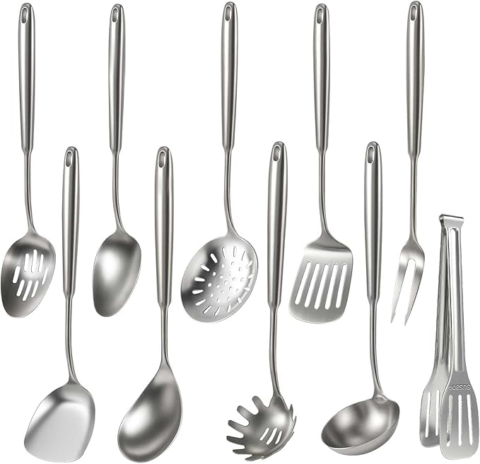 Newness 10 Pcs Cooking Utensils Set,18/8 304 Stainless Steel Kitchen Utensils Set, Metal Kitchen Accessories, Include Soup Ladle, Slotted Skimmer Spoon, Spaghetti Spoon, Spatula, Tongs,Dishwasher Safe