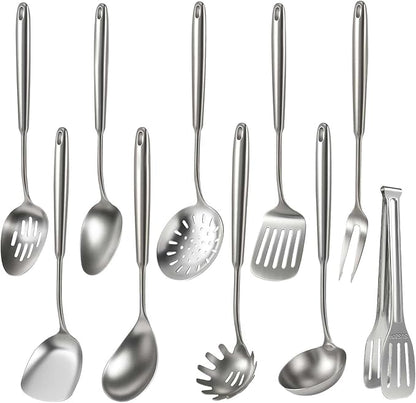 Newness 10 Pcs Cooking Utensils Set,18/8 304 Stainless Steel Kitchen Utensils Set, Metal Kitchen Accessories, Include Soup Ladle, Slotted Skimmer Spoon, Spaghetti Spoon, Spatula, Tongs,Dishwasher Safe