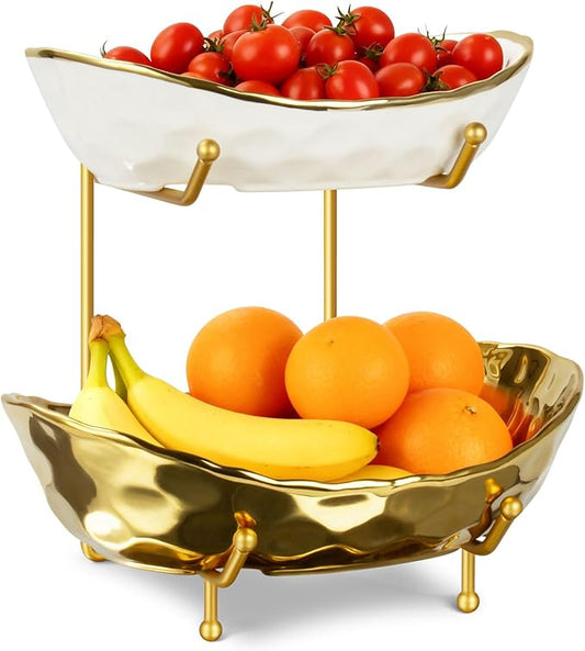 OdoVow Ceramic Fruit Bowl for Kitchen Counter - 2 Tier Fruit Bowls with Metal Stand, Tiered Fruit Basket Stand for Countertop, Snack, Nuts, Cake, Dessert, Small & Cute (Gold)