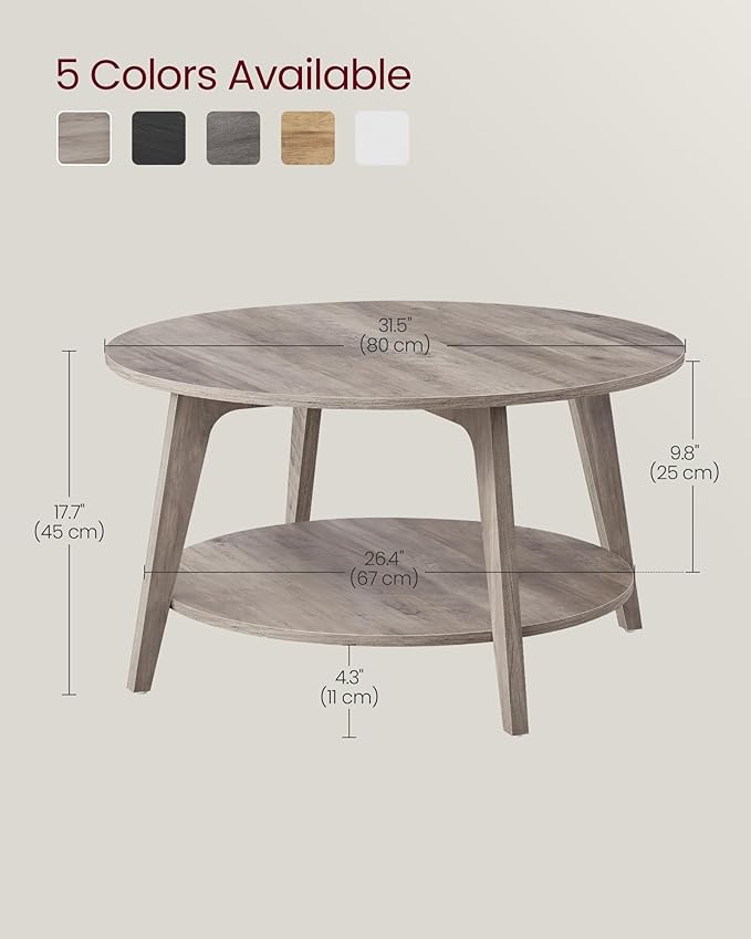 VASAGLE MAEZO Collection - Round Coffee Table, 2-Tier Center Table with Storage, Tapered Legs, Curved Transitions, 31.5 Dia. x 17.7 H Inches, Easy Assembly, for Living Room, Heather Greige ULCT243K02