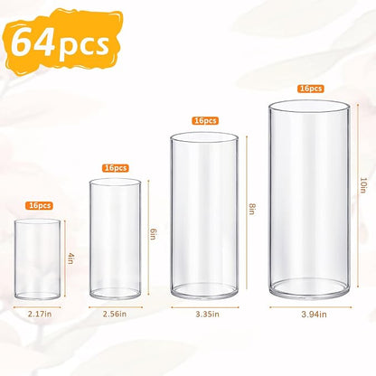 64 Pack Glass Cylinder Vases 4,6,8,10 Inch Tall Clear Flower Vase Hurricane Floating Candle Holder for Table Centerpiece Wedding Home Decor