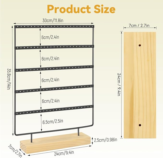 Earring Holder Organizer, 5-Tier Earring Organizer with 60-Pair Capacity, Wooden Base Metal Earring Display, Jewelry Storage & Display for Home Store, Suitable for Women