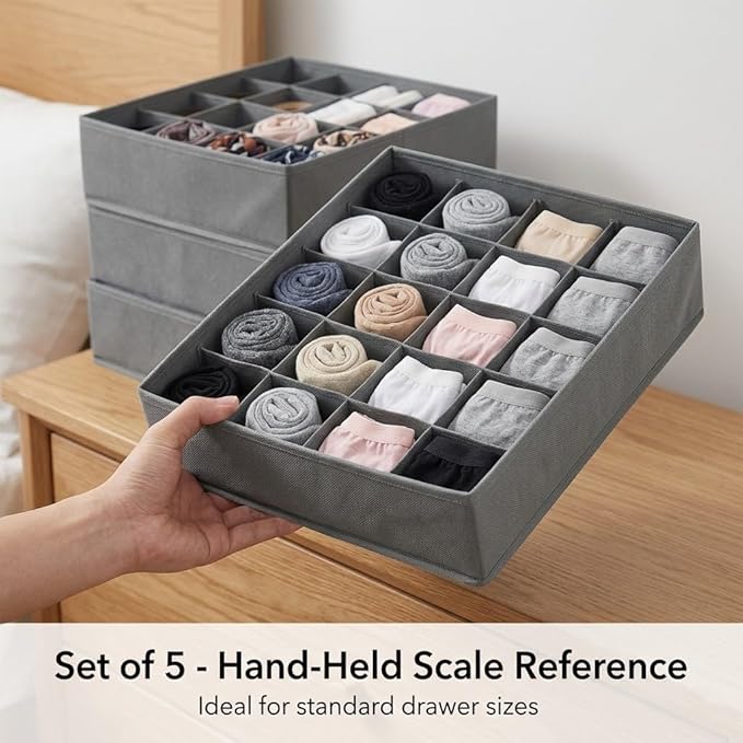 SUREMAX Underwear Drawer Organizer, 5-Pack Foldable Fabric Drawer Dividers (Fits Standard 13"+ Dressers), 55 Compartments for Socks, Bras, Ties, Belts — Bedroom, Closet & Bathroom Storage Bins