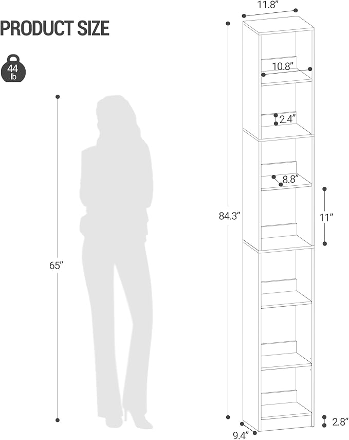 Hzuaneri Bookcase, Tall Narrow Bookshelf, Open Display Storage Shelf, Skinny Cube Book Shelf with Adjustable Shelves, CD Rack for Living Room, Home Office 7-Tier(9.4 x 11.8 x 84.3 inch) White BC79703X