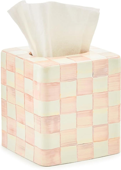 MACKENZIE-CHILDS Boutique Square Tissue-Box Cover, Tissue Holder for Home Decor, Pink-and-White Rosy Check