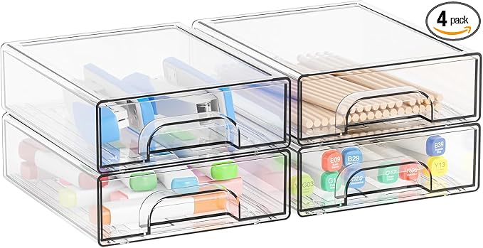 Yieach 2.2'' High Small Clear Stackable Storage Drawers,4 Pack Desk Organization and Storage Bins,Plastic Office Supply Organizer,Acrylic Drawer Storage Organizer for Makeup,Accessory,Pen,Art Crafts