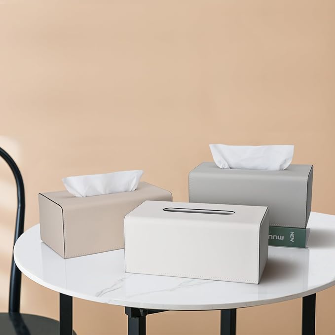 KINGFOM Tissue Box Cover, PU Leather Rectangular Tissue Box Holder with Magnetic Bottom Cover for Facial Tissues/Napkins, Office & Living Room Decor Box (Gray)
