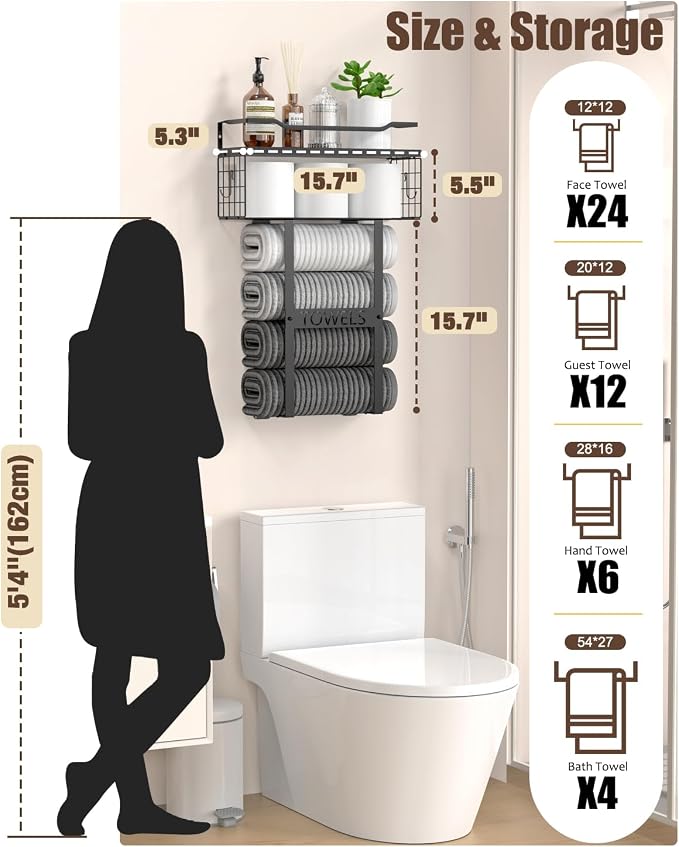 Wall Mounted Towel Rack for Bathroom - Bath Storage Holder Set Above Toilet, Rolled Towel Shelf Organizer, Wood Vertical Rack for Small Bathroom Decor, Black
