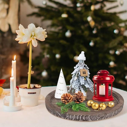 Round Decorative Wooden Serving Trays for Ottoman Coffee Table Tray Farmhouse Kitchen Home Decor Accents Circle Circular Wood Decorations Trays Rustic Dining Table Centerpiece Candle Holder Tray