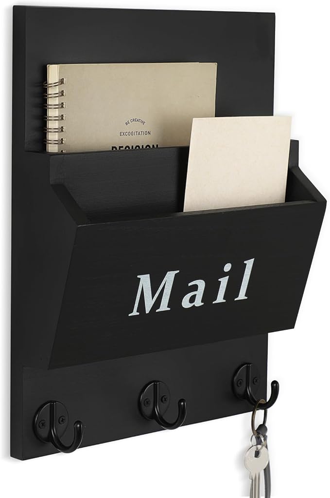 Mail and Key Holder - Decorative 8.86" x 11.42" Wall Key Hanger with 2 Mail Organizer Slots and 3 Hooks - Real Paulownia Wood with Keyhole Brackets, Hardware and Instructions (Black)