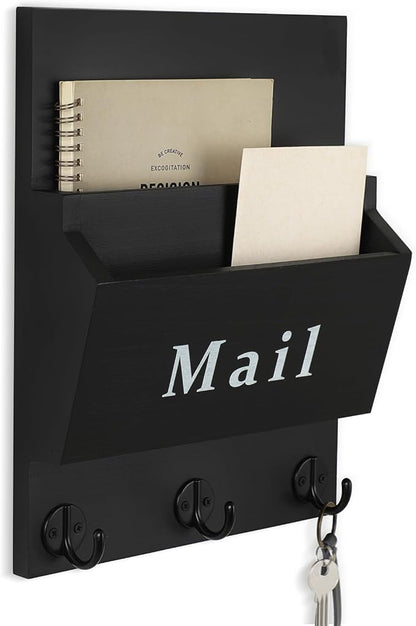 Mail and Key Holder - Decorative 8.86" x 11.42" Wall Key Hanger with 2 Mail Organizer Slots and 3 Hooks - Real Paulownia Wood with Keyhole Brackets, Hardware and Instructions (Black)