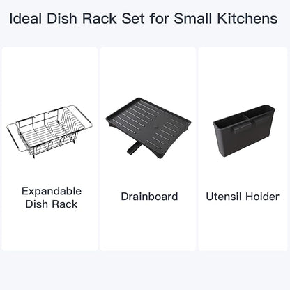 MAJALiS Dish Drying Rack Over The Sink with Utensil Holder, Drainboard | Expandable Stainless Steel Dish Drainer for Small Kitchen, Apartment, RV, Counter Space Saving, Perfect Fit, Rustproof