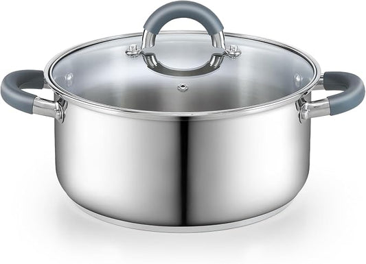 Cook N Home Basics 5.5 Quart Stainless Steel Stock Pot with Lid, Cooking Pot for Pasta, Soup, Stay-Cool Silicone Handle, Stockpot with Even Heating, Oven Safe, Cookware for Canning, Boiling, Simmer