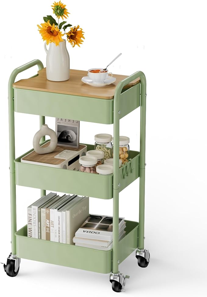 johgee 3 Tier Rolling Cart with Table top, Metal Rolling Utility Cart, Sturdy Storage Organizer Cart with Locking Wheels & Hooks for Office, Classroom, Kitchen and Bathroom