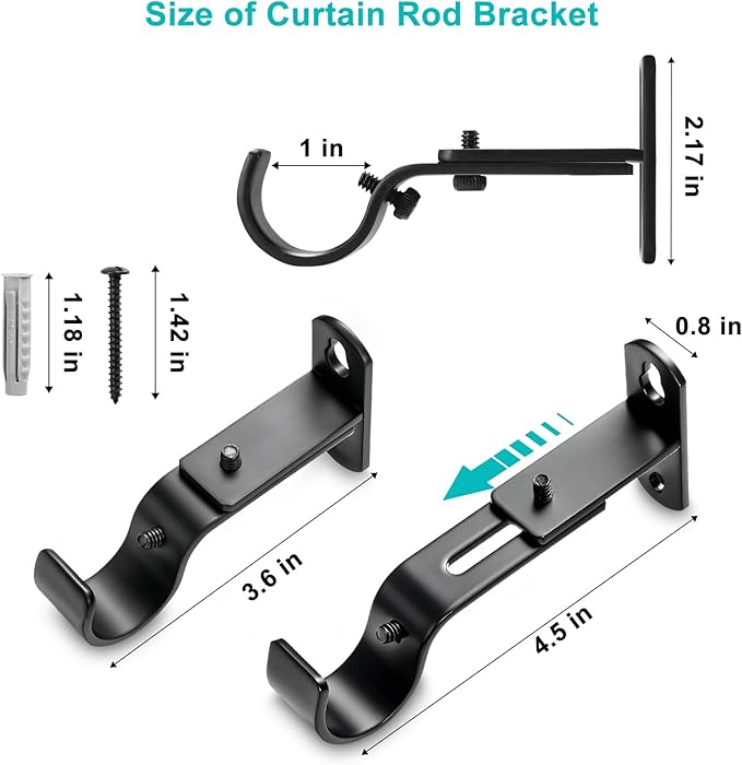 Adjustable Curtain Rod Brackets, Metal Window Drapery Rod Hanger Holders Hooks for 1 inch Rods (Black, Set of 3)