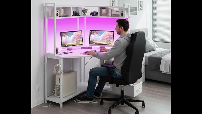Corner Desk,35.4" W x 63" H Small Computer Desk and Office Desk with Hutch & LED Lights，Gaming Desk with Storage Drawers & Shelves and Hook for Small Space，White