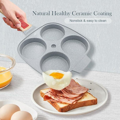 Ceramic Egg Frying Pan with Lid, Nonstick 4 Cup Fried Egg Pan with Detachable Handle, Omelette Pan Induction Compatible - Blue