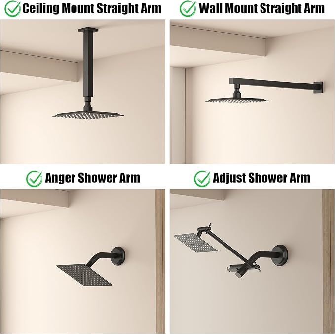 BESy 8 Inch Rain Shower Head, 8" Square Rainfall & High Pressure Stainless Steel Bath Showerhead, 1/16" Ultra Thin, Waterfall Full Body Coverage with Silicone Nozzle, Matte Black Finish