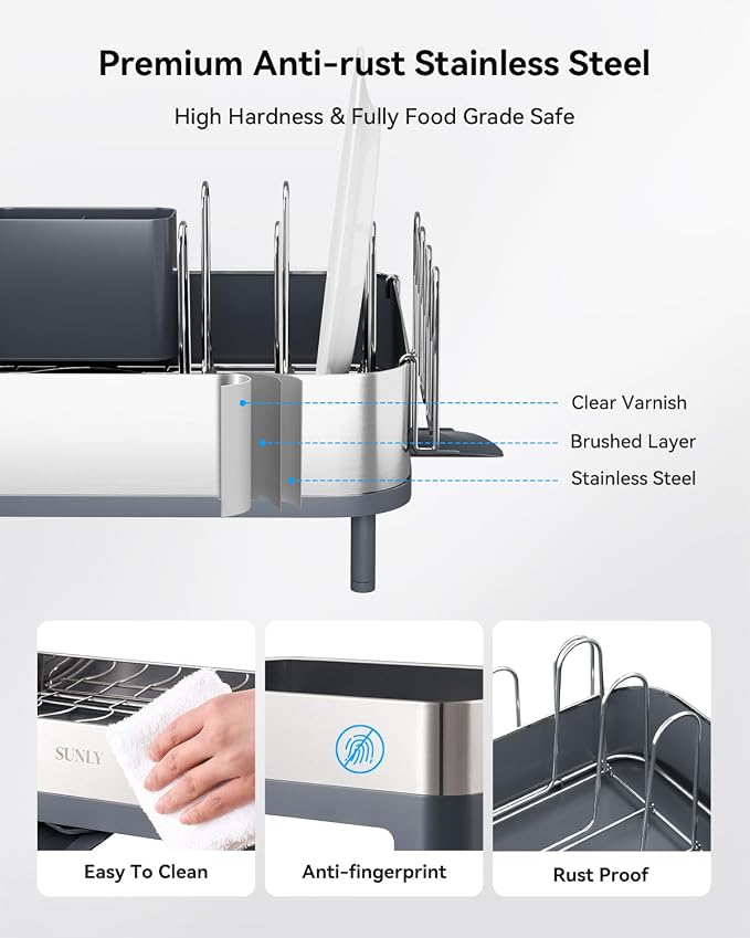 SUNLY Expandable Dish Drying Rack, Versatile Brackets for Pots & Pans, Space Saving Kitchen Drying Rack, Dish Racks for Kitchen Counter, Stainless Steel Dish Drainers with Extendable Spout, Gray