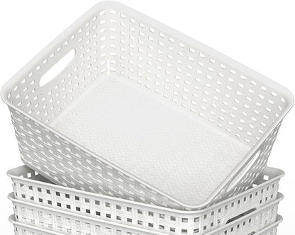 WYT Woven Plastic Storage Baskets, 6 Pack White Weave Bins Organizer, 10.1" x 7.55" x 4.1"