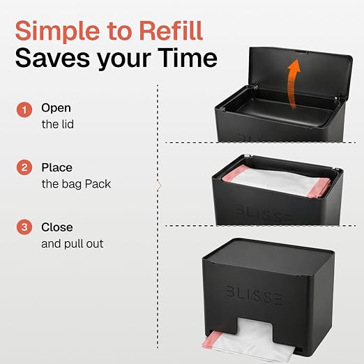 Blisse Trash Bag Holder Dispenser, Black | 13-33 Gallon Rolls, Heavy-Duty Steel, Under Sink Kitchen Storage, Wall Mount or Countertop, Easy One-Hand Dispensing