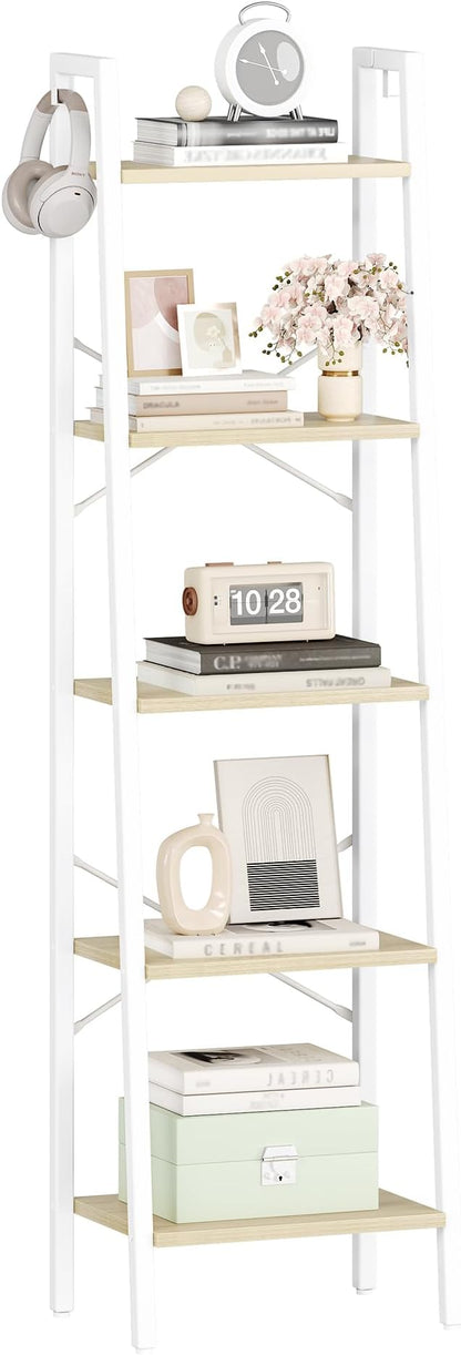 Ladder Shelf, Bookshelf Bookcase, Freestanding Corner Storage Shelve with 2 Hooks for Home Office, Living Room, Kitchen, Bedroom, Industrial, 11.8" D x 17.3" W x 63" H, White Oak and White