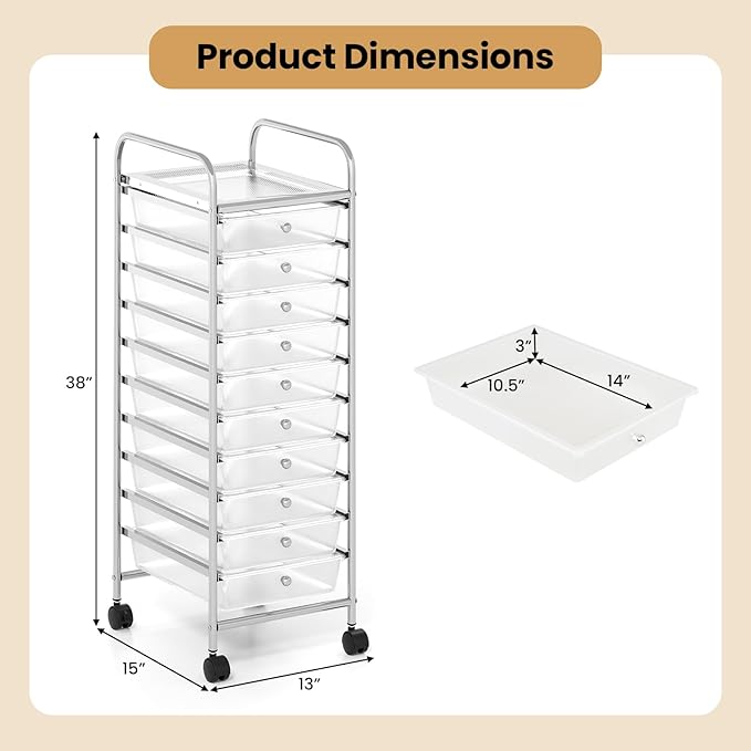 Giantex Rolling Storage Cart with 10 Drawers, Utility Cart with Tabletop, Drawer Organizer with Wheels for Craft Art Paper Tool, Mobile Organization & Sorting for Office Home School School Supplies