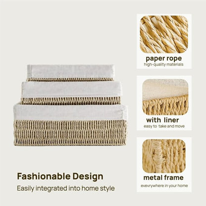 Woven Storage Baskets Set of 3 – Handmade Paper Rope Rectangular Organizer for Closet, Bathroom, Shelf & Living Room, Decorative Khaki Storage Bins for Home