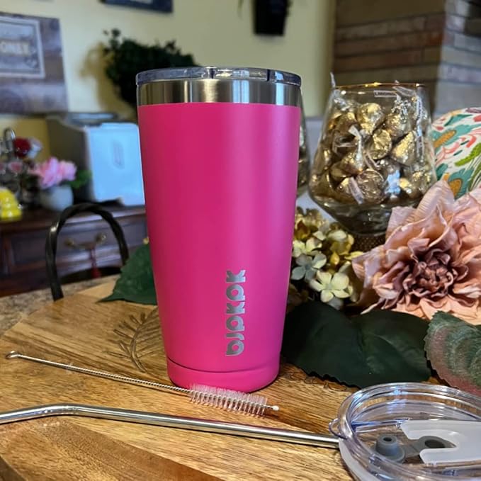 BJPKPK 20oz Stainless Steel Tumbler with Lid, Double Wall Vacuum Coffee Cup, Travel Mug for Ice Drink and Hot Beverage, Insulation Travel Tumbler Cup with Straws,Pink